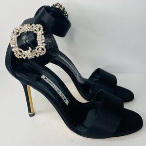 Manolo Blahnik Crystal Buckle Black Satin Open Toe Heels. YOU NEED THESE.